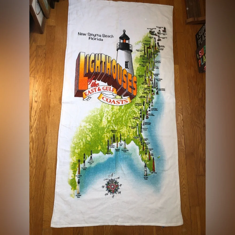 Vintage Lighthouses of the East & Gulf Coast Beach Towel New Smyrna Beach FL